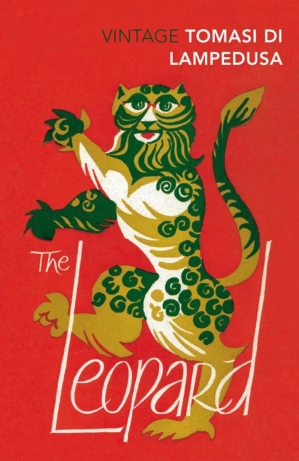 A red book cover, with a stylized leopard drawn on top in yellow, white, and dark green.
